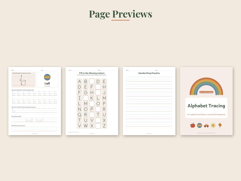 May include: Four educational worksheets for alphabet tracing and handwriting practice. The pages feature letter tracing exercises, a fill-in-the-missing-letters grid, lined paper, and a cover page titled Alphabet Tracing with a rainbow graphic.