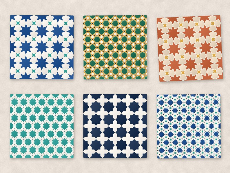 May include: A set of six square coasters featuring various geometric star and cross patterns in blue, white, green, yellow, and terracotta. Each coaster displays a repeating symmetrical design with sharp angles and contrasting color combinations.