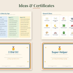 May include: A set of printable charts titled Ideas & Certificates, featuring a Chore Ideas by Age list, a Reward Ideas grid with icons, and two certificates labeled I Did It! and Super Helper, all decorated with colorful rainbow borders.