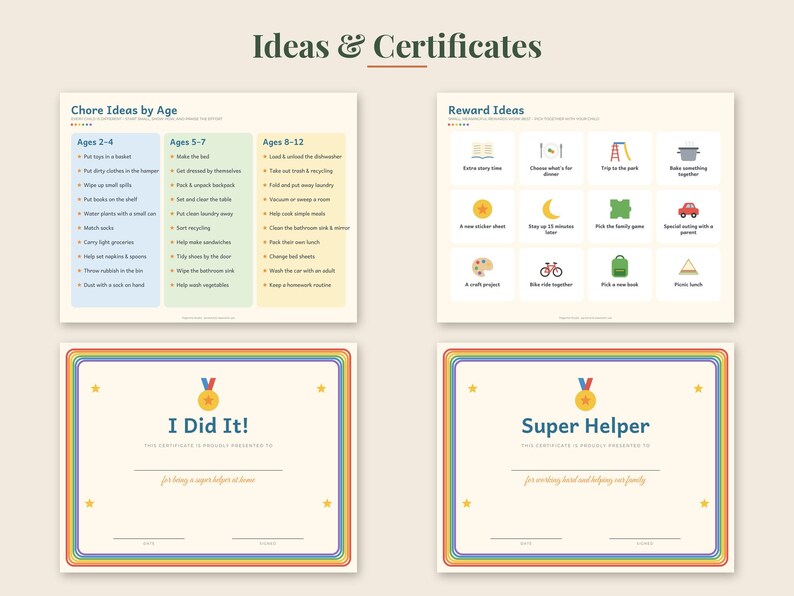 May include: A set of printable charts titled Ideas & Certificates, featuring a Chore Ideas by Age list, a Reward Ideas grid with icons, and two certificates labeled I Did It! and Super Helper, all decorated with colorful rainbow borders.