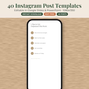 Peut inclure: Un affichage num&eacute;rique de 40 mod&egrave;les de publications Instagram modifiables dans Google Slides et PowerPoint. L'&eacute;cran pr&eacute;sente une liste intitul&eacute;e 5 Tips to Get Organized This Week avec cinq points num&eacute;rot&eacute;s. Le texte inclut Instant Download et Edit Free.