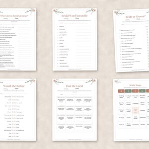May include: Six white paper sheets featuring bridal shower games titled Who Knows the Bride Best, Bridal Word Scramble, Bride or Groom, Would She Rather, Find the Guest, and Bridal Bingo, all decorated with small pink floral illustrations at the top.