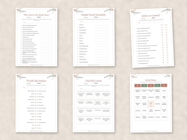 May include: Six white paper sheets featuring bridal shower games titled Who Knows the Bride Best, Bridal Word Scramble, Bride or Groom, Would She Rather, Find the Guest, and Bridal Bingo, all decorated with small pink floral illustrations at the top.