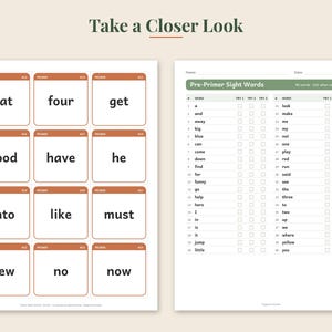 May include: Two educational worksheets featuring Pre-Primer Sight Words. The left sheet displays twelve flashcards with words like eat, four, get, good, have, he, into, like, must, new, no, and now. The right sheet is a checklist of 40 sight words.