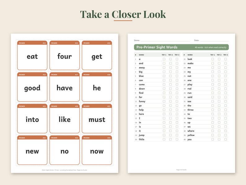 May include: Two educational worksheets featuring Pre-Primer Sight Words. The left sheet displays twelve flashcards with words like eat, four, get, good, have, he, into, like, must, new, no, and now. The right sheet is a checklist of 40 sight words.