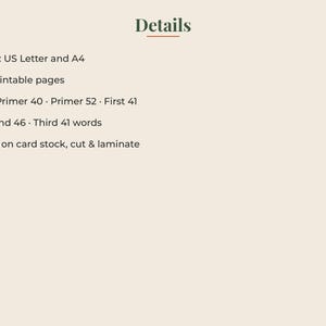 May include: A digital document titled Details listing specifications for printable educational materials. It includes 43 pages in US Letter and A4 sizes, with word counts for Pre-Primer 40, Primer 52, First 41, Second 46, and Third 41, plus printing instructions.