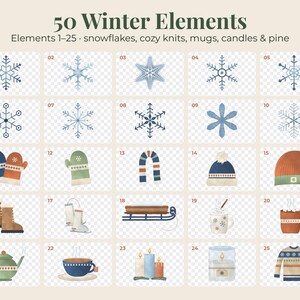 May include: A digital collection titled 50 Winter Elements, Elements 1-25, featuring illustrations of snowflakes, mittens, hats, boots, ice skates, a sled, mugs, a teapot, candles, and a sweater, arranged in a grid on a light background.