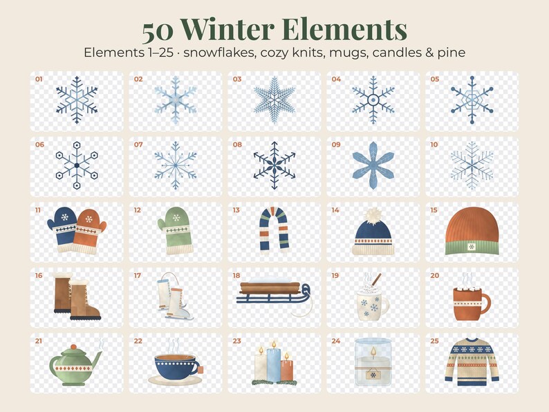 May include: A digital collection titled 50 Winter Elements, Elements 1-25, featuring illustrations of snowflakes, mittens, hats, boots, ice skates, a sled, mugs, a teapot, candles, and a sweater, arranged in a grid on a light background.
