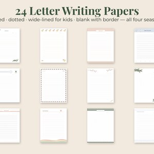 May include: A collection of 24 letter writing papers featuring various designs including lined, dotted, wide-lined for kids, and blank with borders. The text 24 Letter Writing Papers Lined dotted wide-lined for kids blank with border all four seasons is visible.