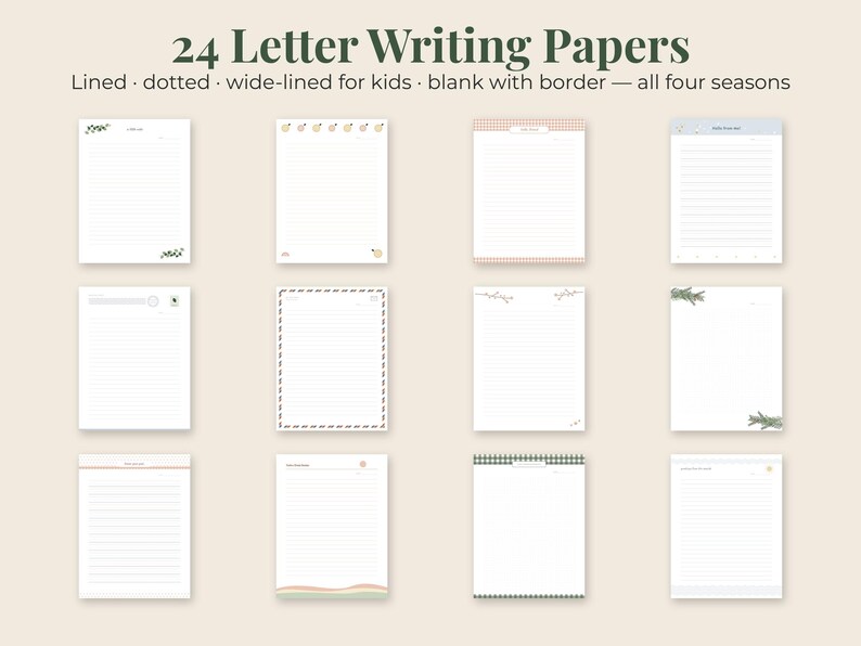 May include: A collection of 24 letter writing papers featuring various designs including lined, dotted, wide-lined for kids, and blank with borders. The text 24 Letter Writing Papers Lined dotted wide-lined for kids blank with border all four seasons is visible.