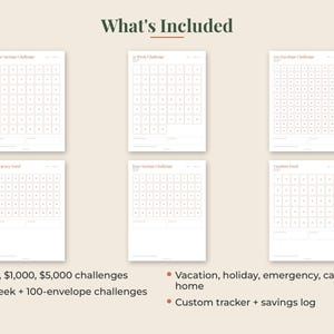 May include: Six white financial savings tracker sheets with grid layouts for tracking progress. The text includes What's Included, $500, $1,000, $5,000 challenges, 52-week + 100-envelope challenges, Vacation, holiday, emergency, car, home, and Custom tracker + savings log.