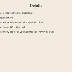 May include: A digital document titled Details containing educational information for ages 3-5. It lists 164 pages per file, covering letters A-Z, numbers 0-10, 12 shapes, and 12 colors. It specifies printing at home on US Letter or A4 paper sizes.