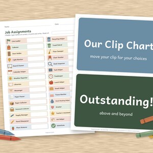 May include: A classroom job assignment sheet and a clip chart with text reading Our Clip Chart move your clip for your choices and Outstanding! above and beyond. The documents feature colorful icons for tasks like line leader and trash patrol.