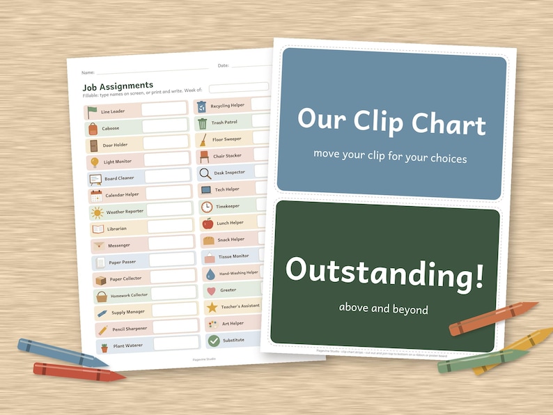 May include: A classroom job assignment sheet and a clip chart with text reading Our Clip Chart move your clip for your choices and Outstanding! above and beyond. The documents feature colorful icons for tasks like line leader and trash patrol.