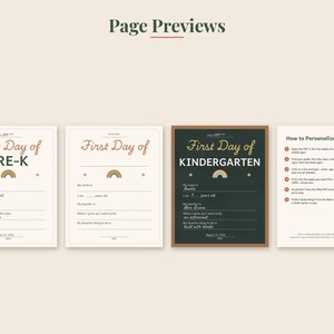 May include: Four printable signs for school milestones, including Last Day of Pre-K, First Day of, and First Day of Kindergarten templates with rainbow icons, plus a page titled How to Personalize Your Signs with instructions for editing.