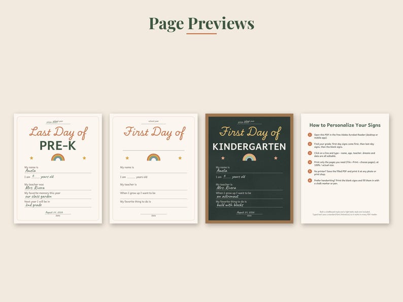 May include: Four printable signs for school milestones, including Last Day of Pre-K, First Day of, and First Day of Kindergarten templates with rainbow icons, plus a page titled How to Personalize Your Signs with instructions for editing.