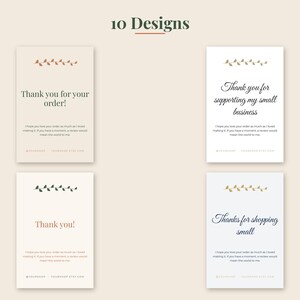 Peut inclure: Quatre cartes de remerciement rectangulaires avec divers textes et illustrations de feuilles. Les cartes pr&eacute;sentent des phrases comme Thank you for your order, Thank you for supporting my small business, Thank you, et Thanks for shopping small, avec un espace pour les r&eacute;seaux sociaux.