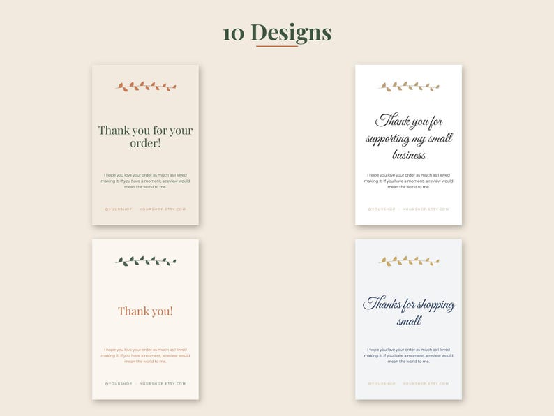 Peut inclure: Quatre cartes de remerciement rectangulaires avec divers textes et illustrations de feuilles. Les cartes pr&eacute;sentent des phrases comme Thank you for your order, Thank you for supporting my small business, Thank you, et Thanks for shopping small, avec un espace pour les r&eacute;seaux sociaux.