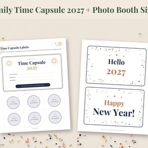 以下が含まれることがあります： 家族用タイムカプセル2027のラベルとフォトブース用サインが印刷された2枚のシート。ラベルには名前や日付を記入する欄があり、サインには「Hello 2027」や「Happy New Year」という文字が書かれ、紙吹雪や風船のイラストで装飾されています。