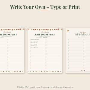 May include: Three printable bucket list templates with fall-themed leaf and acorn borders. Two sheets are titled Our Family FALL BUCKET LIST and one is titled my cozy Fall Bucket List. Each page features checkboxes and lines for writing tasks.