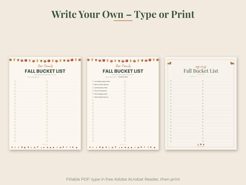 May include: Three printable bucket list templates with fall-themed leaf and acorn borders. Two sheets are titled Our Family FALL BUCKET LIST and one is titled my cozy Fall Bucket List. Each page features checkboxes and lines for writing tasks.