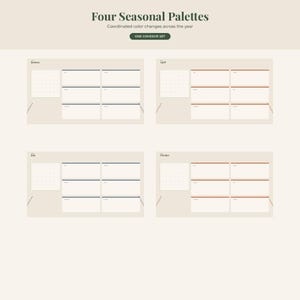 May include: A digital planner set titled Four Seasonal Palettes with the subtitle Coordinated color changes across the year and a button labeled ONE COHESIVE SET. It displays four monthly calendar layouts for January, April, July, and October.