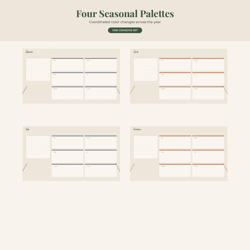 May include: A digital planner set titled Four Seasonal Palettes with the subtitle Coordinated color changes across the year and a button labeled ONE COHESIVE SET. It displays four monthly calendar layouts for January, April, July, and October.