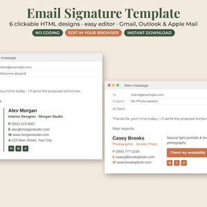 May include: An email signature template featuring 6 clickable HTML designs compatible with Gmail, Outlook, and Apple Mail. The display shows two example email drafts with contact details for an interior designer and a photographer.