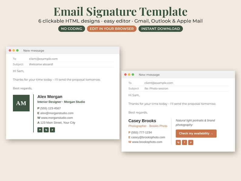 May include: An email signature template featuring 6 clickable HTML designs compatible with Gmail, Outlook, and Apple Mail. The display shows two example email drafts with contact details for an interior designer and a photographer.