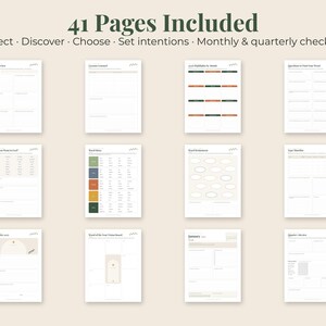 May include: A digital planner set featuring 41 pages with the text 41 Pages Included, Reflect, Discover, Choose, Set intentions, Monthly & quarterly check-ins. The pages contain various templates, tables, and lists for organization and planning.