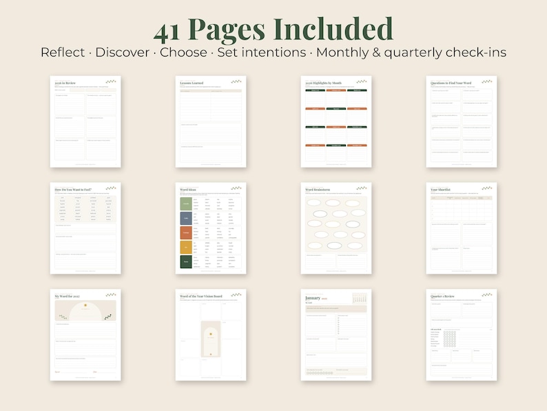 May include: A digital planner set featuring 41 pages with the text 41 Pages Included, Reflect, Discover, Choose, Set intentions, Monthly & quarterly check-ins. The pages contain various templates, tables, and lists for organization and planning.