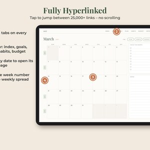 Puede incluir: Una interfaz de planificador digital mostrada en una pantalla de tableta con una vista de calendario de marzo. El dise&ntilde;o incluye pesta&ntilde;as mensuales a la derecha, una barra de navegaci&oacute;n superior con &iacute;ndice, objetivos, plan, h&aacute;bitos y presupuesto, y c&iacute;rculos numerados que resaltan funciones interactivas para la navegaci&oacute;n diaria y semanal.