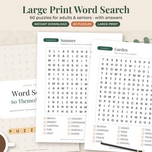 May include: A large print word search book for adults and seniors featuring 60 themed puzzles. The pages display grids of black letters on white paper with lists of words to find, including themes like Summer and Garden, with clear, legible text.