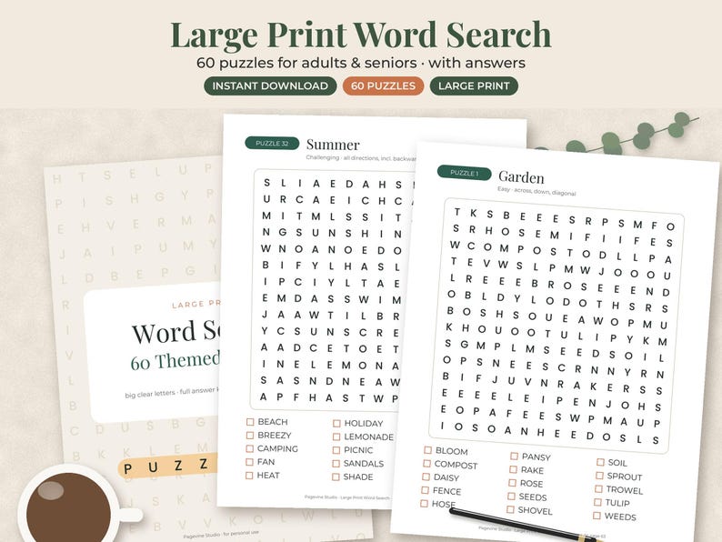 May include: A large print word search book for adults and seniors featuring 60 themed puzzles. The pages display grids of black letters on white paper with lists of words to find, including themes like Summer and Garden, with clear, legible text.