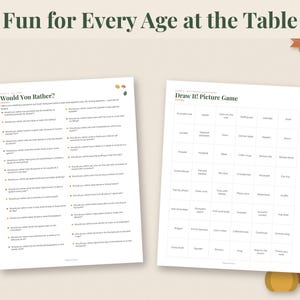 May include: Two white paper game sheets titled Fun for Every Age at the Table. The left sheet is a Would You Rather game with a list of questions. The right sheet is a Draw It! Picture Game with a grid of words. Autumn leaves and pumpkins.