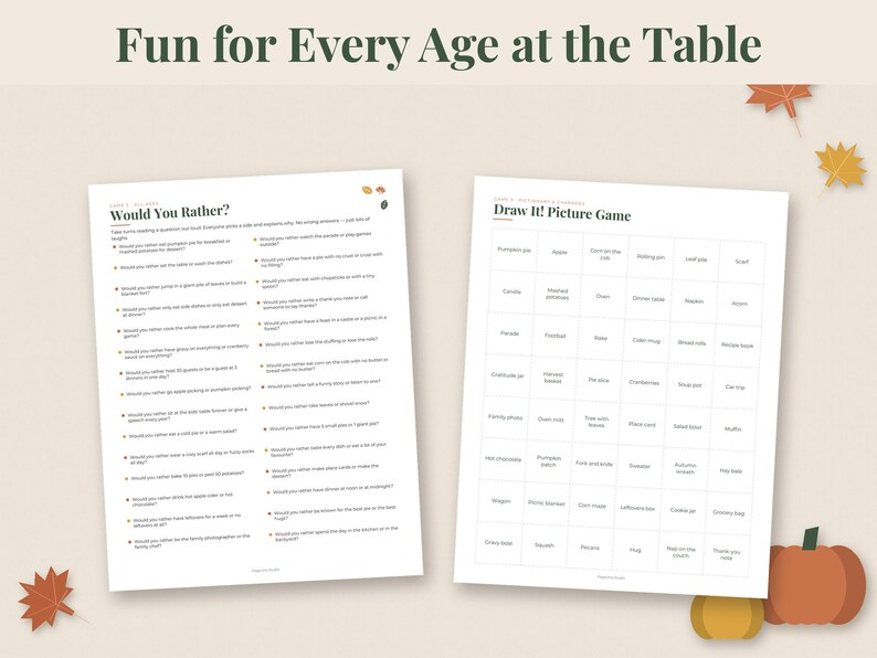May include: Two white paper game sheets titled Fun for Every Age at the Table. The left sheet is a Would You Rather game with a list of questions. The right sheet is a Draw It! Picture Game with a grid of words. Autumn leaves and pumpkins.