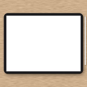 May include: A rectangular tablet with a black frame and a large, blank white screen, positioned horizontally. A thin, white stylus is placed vertically along the right side of the tablet, parallel to the edge of the device's black frame.