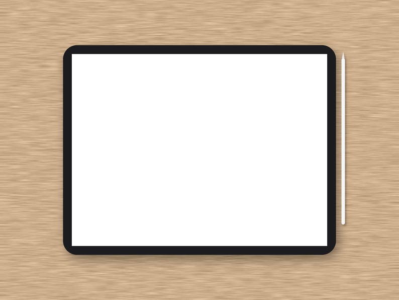 May include: A rectangular tablet with a black frame and a large, blank white screen, positioned horizontally. A thin, white stylus is placed vertically along the right side of the tablet, parallel to the edge of the device's black frame.