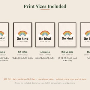 May include: Five identical digital art prints featuring a colorful rainbow above white clouds and the text Be kind and It's cool to be kind. The image displays various aspect ratios including 2:3, 3:4, 4:5, ISO A-size, and 11x14 inches for printing.