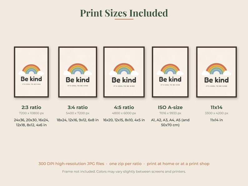 May include: Five identical digital art prints featuring a colorful rainbow above white clouds and the text Be kind and It's cool to be kind. The image displays various aspect ratios including 2:3, 3:4, 4:5, ISO A-size, and 11x14 inches for printing.