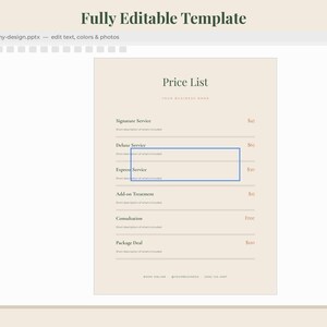 May include: A digital price list template displayed in a software interface with a beige background. The document features the text Price List, Signature Service, Deluxe Service, Express Service, Add-on Treatment, Consultation, and Package Deal.