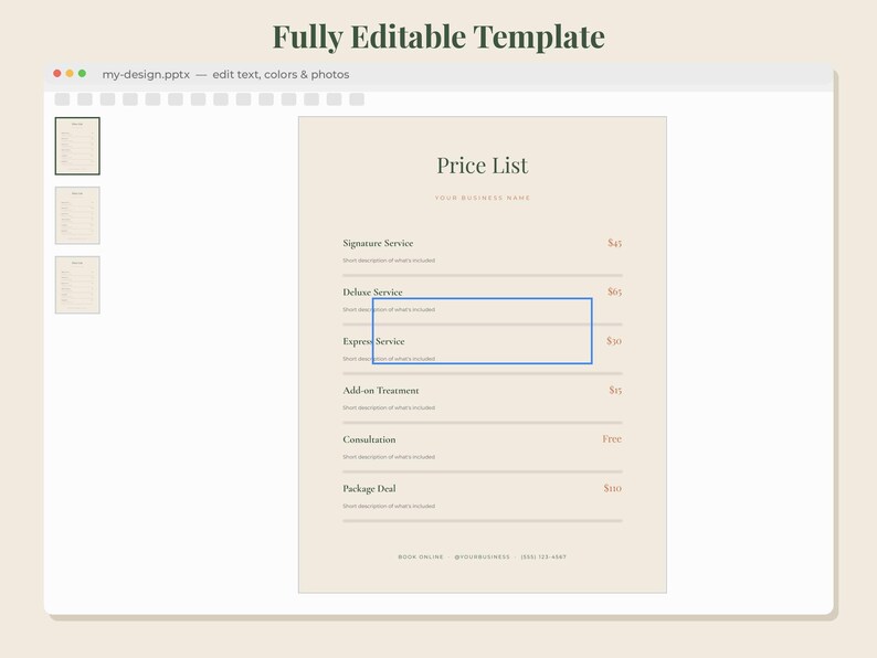 May include: A digital price list template displayed in a software interface with a beige background. The document features the text Price List, Signature Service, Deluxe Service, Express Service, Add-on Treatment, Consultation, and Package Deal.