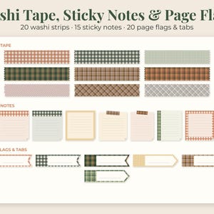 May include: A collection of stationery items labeled Washi Tape, Sticky Notes & Page Flags, featuring 20 washi strips, 15 sticky notes, and 20 page flags and tabs. The designs include various plaid, checkered, and solid patterns in earth tones.