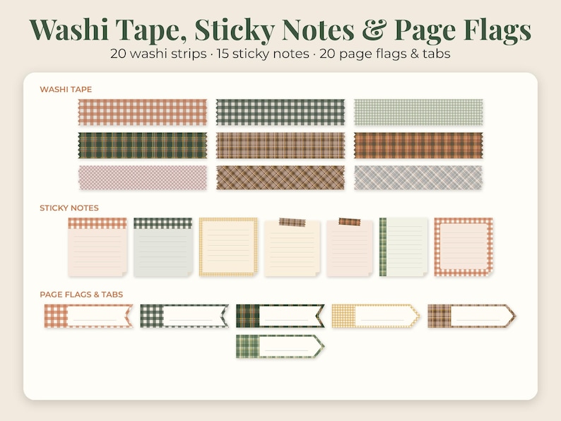May include: A collection of stationery items labeled Washi Tape, Sticky Notes & Page Flags, featuring 20 washi strips, 15 sticky notes, and 20 page flags and tabs. The designs include various plaid, checkered, and solid patterns in earth tones.