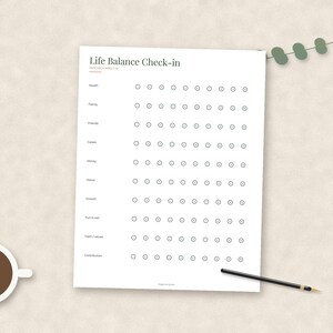May include: A white paper sheet titled Life Balance Check-in with rows for categories including Health, Family, Friends, Career, Money, Home, Growth, Fun & rest, Faith/values, and Contribution, each featuring a horizontal line of ten circular checkboxes.