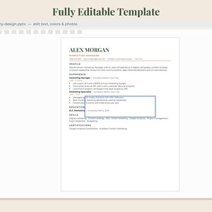 May include: A digital resume template displayed in a software interface with the title Fully Editable Template. The document features the name Alex Morgan, Marketing Manager, with sections for profile, experience, education, skills, and certifications.