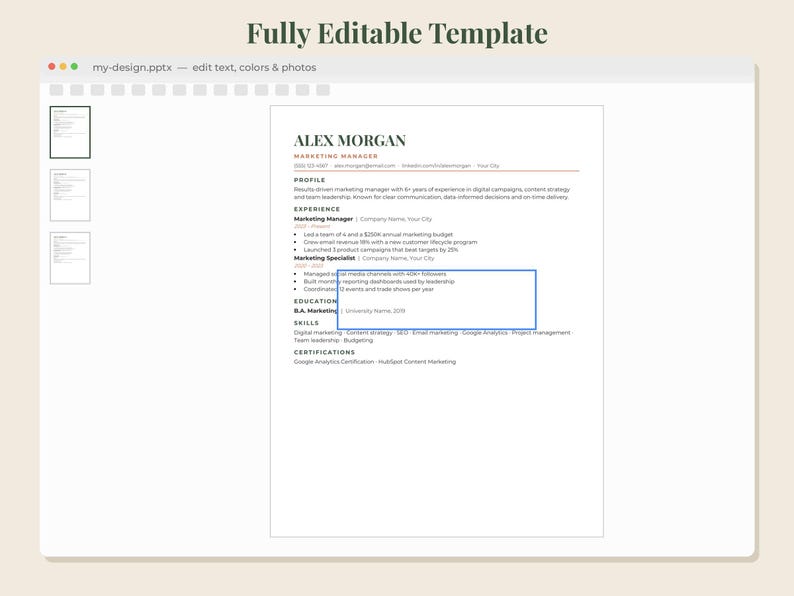 May include: A digital resume template displayed in a software interface with the title Fully Editable Template. The document features the name Alex Morgan, Marketing Manager, with sections for profile, experience, education, skills, and certifications.