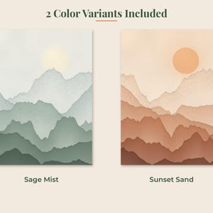 May include: Two rectangular art prints featuring layered mountain landscapes. The left print, labeled Sage Mist, displays green and gray tones with a pale sun. The right print, labeled Sunset Sand, shows orange and brown hues with a dark orange sun.