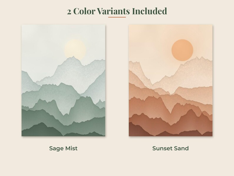 May include: Two rectangular art prints featuring layered mountain landscapes. The left print, labeled Sage Mist, displays green and gray tones with a pale sun. The right print, labeled Sunset Sand, shows orange and brown hues with a dark orange sun.