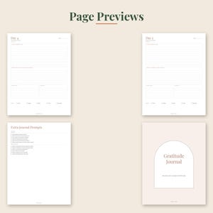 Peut inclure: Une mise en page de journal de gratitude num&eacute;rique pr&eacute;sentant quatre pages distinctes. Deux pages sont intitul&eacute;es Day 4 et Day 5 avec des sections lign&eacute;es pour &eacute;crire. Une page liste Extra Journal Prompts et la derni&egrave;re page montre une couverture avec un motif en arche et le texte Gratitude Journal.